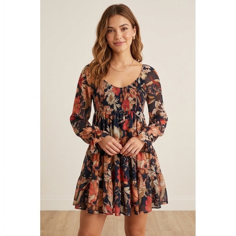 Baltic‎ Born Women Floral Smocked Mini Babydoll Dess Size L Navy Pink Boho Fall